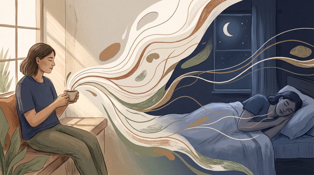 Editorial illustration showing caffeine and sleep across the transition from afternoon to nighttime.