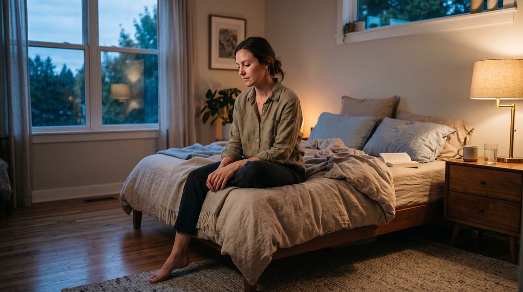 Adult practicing simple relaxation techniques before bed in a softly lit bedroom