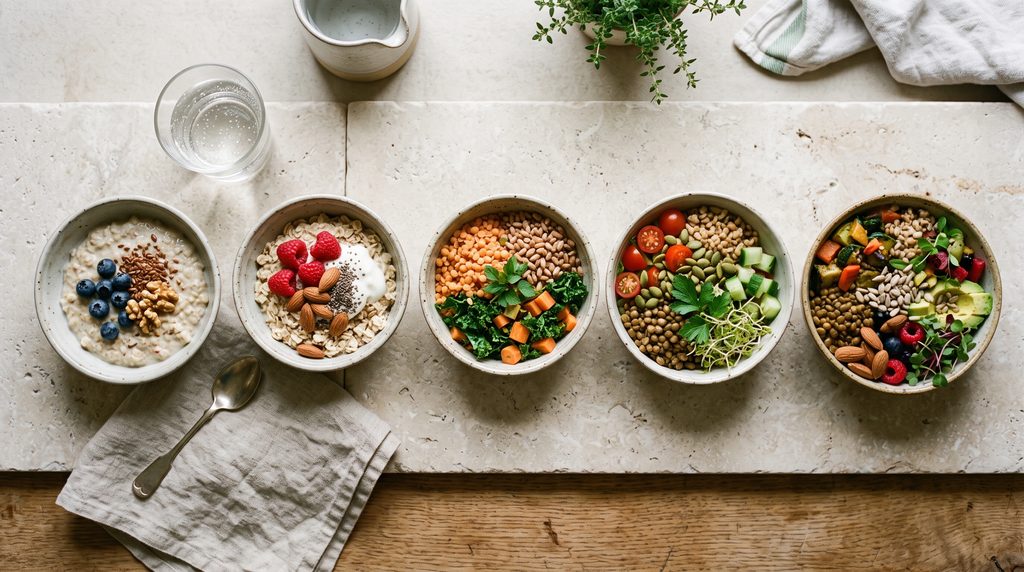 Fiber and Digestion: How to Increase Fiber Gradually 3 Oats, berries, lentils, vegetables, whole grains, nuts, and seeds arranged as everyday fiber-rich foods.
