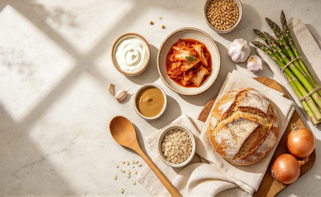 Fermented foods, probiotics and prebiotic food sources arranged on a bright kitchen table.