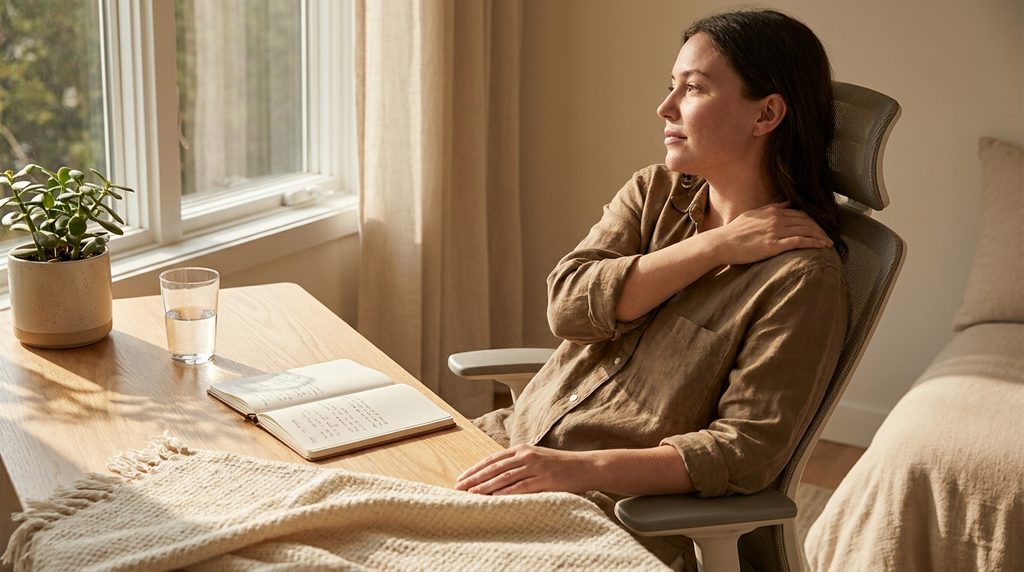 Why Energy Levels Rise and Fall During the Day 9 Adult experiencing an afternoon energy dip while working at a naturally lit home desk.