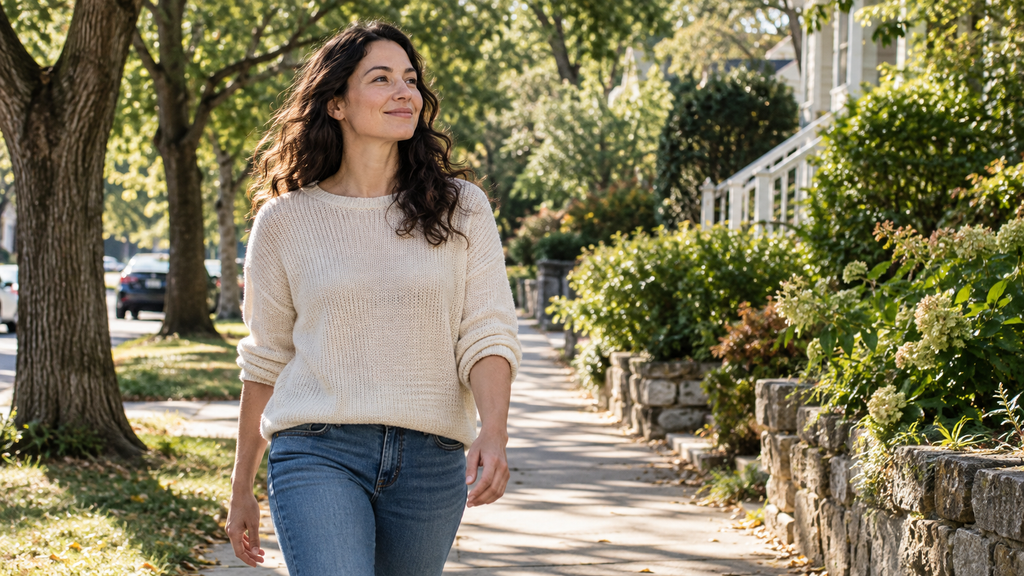 Adult walking outdoors in natural daylight as part of a healthy sleep routine.