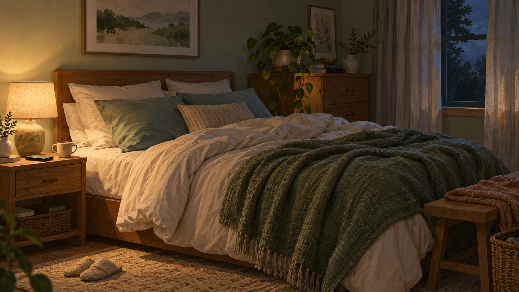 Sleep-friendly bedroom with dim lighting, comfortable bedding, and fewer nighttime distractions.
