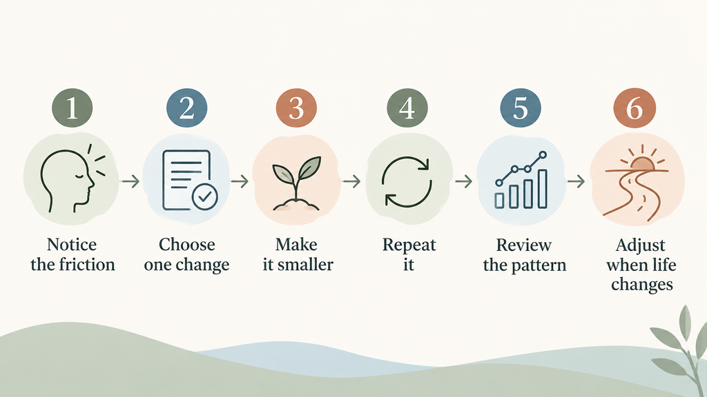Six-step infographic showing how to start and adjust one manageable healthy sleep habit.