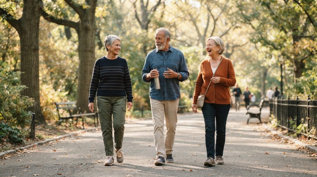 Healthy Aging: Simple Habits for Strength, Mobility and Well-Being 1 Older adults walking together outdoors as part of healthy aging habits that support movement and social connection.