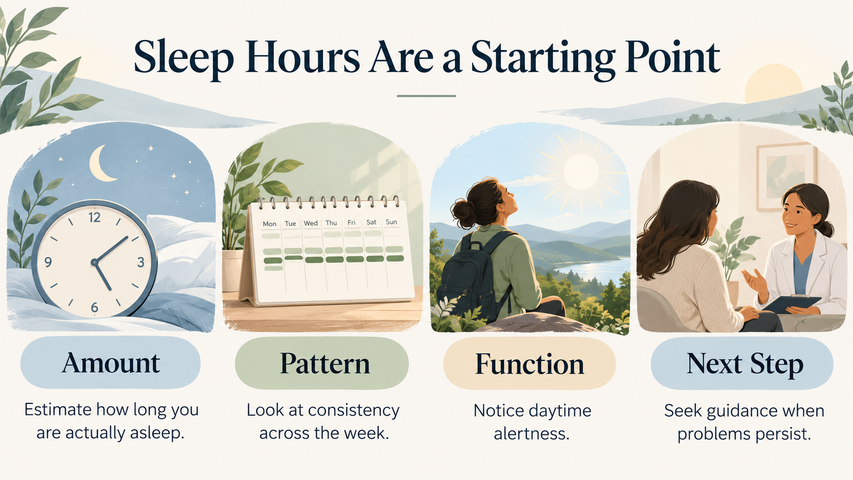 2_3 Infographic explaining adult sleep needs through sleep amount, weekly patterns, daytime alertness, and when to seek guidance.