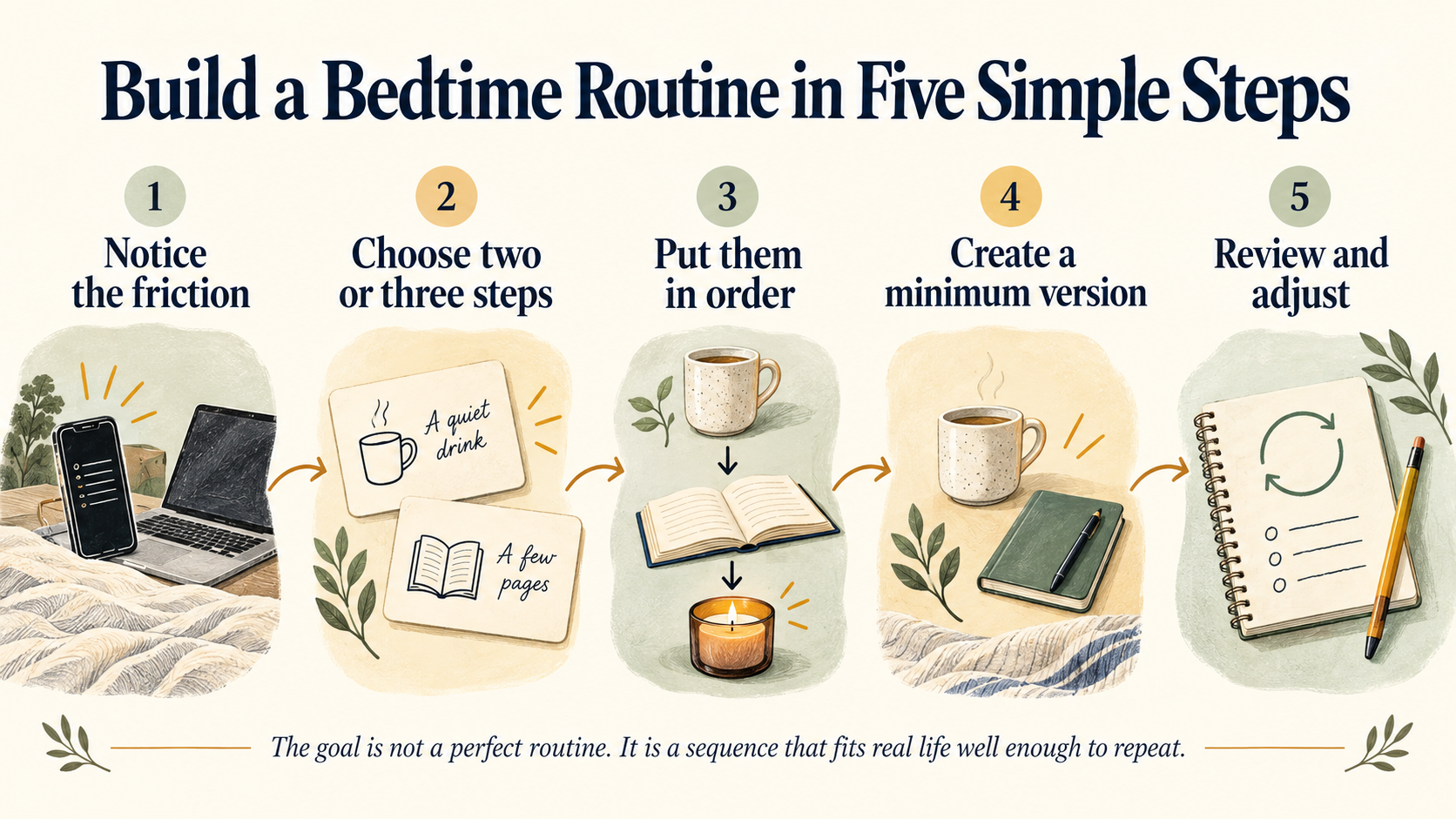 3_3 Five-step simple bedtime routine infographic showing how to notice friction, choose steps, create a minimum version, and adjust the routine.