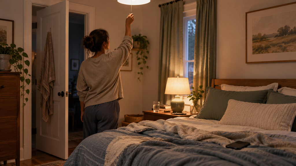 An adult preparing a sleep-friendly bedroom by lowering the lights and creating a calmer bedtime environment.